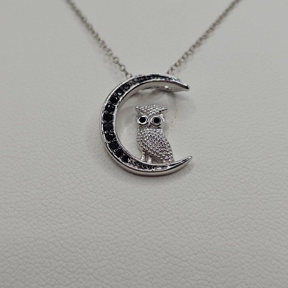 Sterling Silver 925 Rhodium Plated CZ Black Moon and Owl Pendant Necklace - Picture 5 of 10